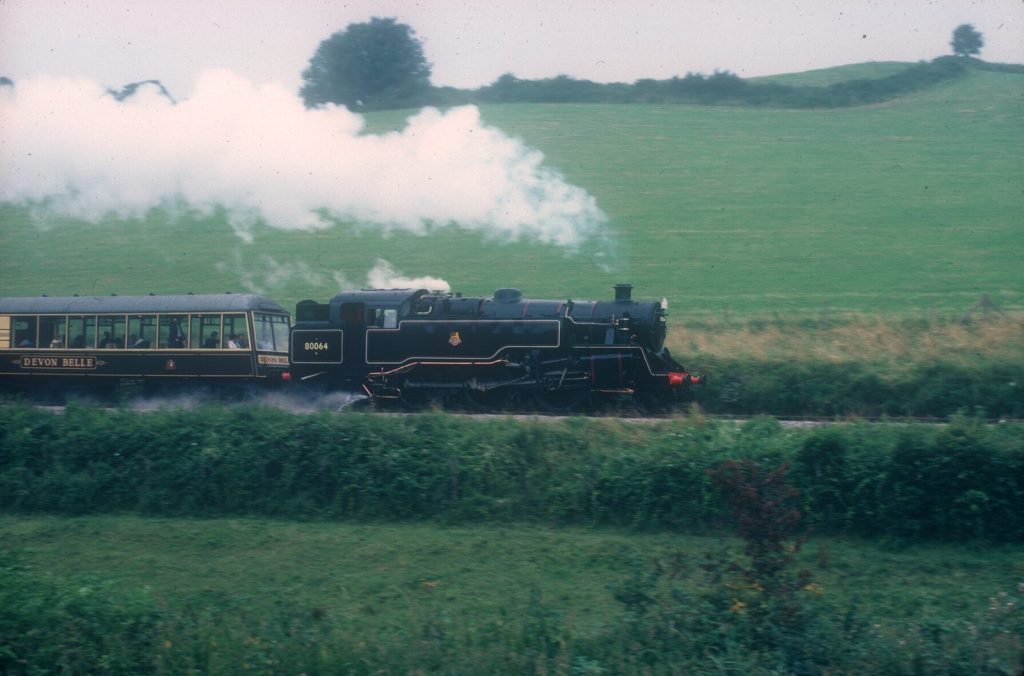 80064 in lined black livery steaming through green fields, pulling the Devon Belle observation car.