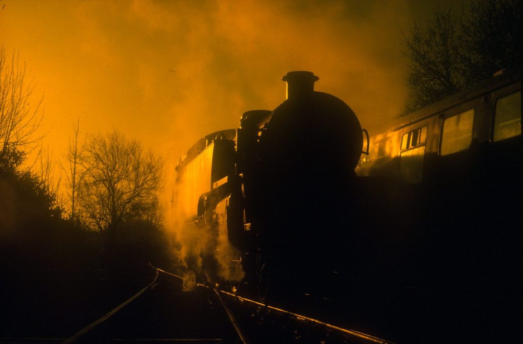 80064 seen from the front as a dark silhouette, with steam glowing gold in low sunlight.