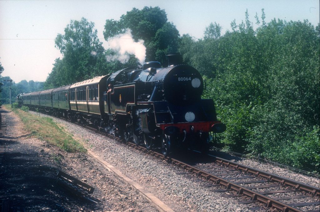 80064 with lamps lit, leading a train of green coaches along a line edged with trees on a sunny day.